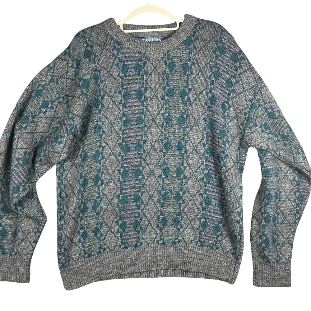 Loafers Reed St James‎ Sweater Mens XL Grey Teal Geometric Knit Vintage USA Made